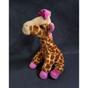 Girlz Nation Giraffe Plush Pink Bow Stuffed Animal Brown Spotted Sitting 13”